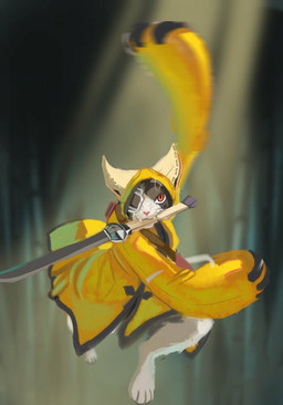 4_toes bamboo barefoot clothed clothing digitigrade eye_patch eyewear fangs feet male melee_weapon pantsless paws pose samurai serious_face solo swinging swinging_arms sword teeth toes warrior weapon g4brield arc_system_works blazblue jubei_(blazblue) domestic_cat felid feline felis mammal