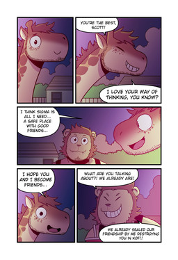 anthro brown_body brown_hair brown_mane cloud dialogue duo eyes_closed five_frame_image hair happy horn long_neck male mane ossicone outside sky smile speech_bubble text t0l0k andrew_(t0l0k) scott_(t0l0k) felid giraffe giraffid lion mammal pantherine comic english_text hi_res