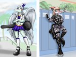 abs alternative_fashion angry anthro armwear athletic athletic_anthro athletic_female bent_leg biped black_boots black_clothing black_footwear black_gloves black_handwear black_shirt black_topwear blonde_hair blue_body blue_scales bone_frill boots bottomwear choker cigarette cigarette_in_mouth clothed clothed_anthro clothed_female clothing cloud crop_top crossed_arms day duo emo eyewear feathered_wings feathers female fingerless_gloves fingers fishnet_armwear fishnet_clothing fishnet_leggings fishnet_legwear footwear frill_(anatomy) frill_piercing front_view frown furgonomics furry-specific_piercing gesture glasses gloves goth green_eyes grey_body grey_feathers grey_hair guitar_case hair hand_gesture handwear high_heels hotpants humanoid_hands inside jacket jewelry knee_boots knee_highs knee_socks leggings legwear locker long_hair long_tail looking_aside markings middle_finger navel necklace object_in_mouth occult_symbol open_clothing open_jacket open_topwear orange_body orange_eyes orange_scales outside pentagram piercing plant plantigrade pose purple_bottomwear purple_clothing purple_crop_top purple_shirt purple_skirt purple_topwear scales shirt shoes shorts skirt smoke smoking socks spiked_choker spiked_tail spikes spikes_(anatomy) standing striped_markings stripes symbol tail topwear torn_clothing tree white_body white_clothing white_footwear white_jacket white_scales white_socks white_topwear wings kaewhy goodbye_volcano_high fang_(gvh) naomi_(gvh) dinosaur hadrosaurid ornithischian ornithopod parasaurolophus prehistoric_species pterodactylus pterosaur reptile scalie 4:3 colored hi_res