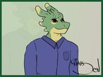 anthro blue_clothing blue_shirt blue_topwear border brown_eyes clothing collared_shirt dress_shirt green_body green_border green_scales horn male scales shirt smile solo topwear yellow_body yellow_scales citrusseed leaftail_(hilyasp) kobold scalie 4:3 half-length_portrait hi_res portrait