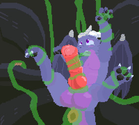 anal anal_penetration anthro balls black_pawpads blush bodily_fluids butt egg egg_in_ass egg_insertion erection feet genitals horn male male_penetrated membrane_(anatomy) membranous_wings nude oral oral_penetration ovipositor pawpads paws penetration penis purple_body purple_eyes sex slime solo tail tentacle_in_mouth tentacle_ovipositor tentacle_penetration tentacle_sex tentacles toes wings squeaky_shoes mythology dragon mythological_creature mythological_scalie scalie animated animated_gif digital_media_(artwork) pixel_(artwork) pixel_animation short_playtime