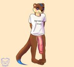 anthro balls big_penis blue_eyes blue_hair bodily_fluids bottomless brown_body brown_fur brown_skin clothed clothing countershading dripping foreskin fur genital_fluids genitals hair hands_behind_back highlights_(coloring) huge_penis humanoid_genitalia humanoid_penis long_penis male nervous penis plantigrade precum precum_drip shirt shy small_but_hung solo text text_on_clothing text_on_shirt text_on_t-shirt text_on_topwear thick_penis topwear vein veiny_penis nsfowork don't_bully_me_i'll_cum meme_clothing marwin_(nsfowork) mammal mustelid otter english_text meme