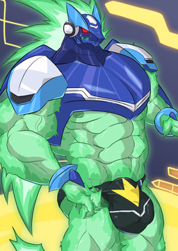 abs anthro armor barazoku biceps big_bulge big_muscles bodily_fluids bulge clothing cybernetics detailed_bulge genital_fluids genitals green_body machine male muscular muscular_anthro muscular_male nipples penis precum red_eyes solo sweat underwear geryorias capcom mega_man_(series) mega_man_star_force omega-xis alien cyborg em_being absurd_res hi_res