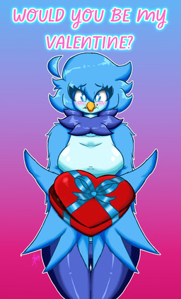 anthro beak big_breasts blue_body blue_eyes blue_feathers blue_hair blush blush_lines box breasts candy chocolate claws clothed clothing container dessert eating eating_food eyebrows feather_hands feathered_wings feathers female fingers food fur gift_box hair heart_symbol holidays huge_breasts looking_at_viewer raised_eyebrow simple_background smile solo thick_thighs topwear tuft winged_arms wings yellow_beak sebtoons undertale undertale_(series) undertale_yellow valentine's_day martlet_(undertale_yellow) avian bird monster absurd_res digital_media_(artwork) hi_res