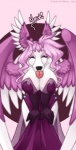 anthro bent_over big_breasts breasts cleavage clothed clothing dress eyes_closed feathered_wings feathers female fur hair head_wings huge_breasts pink_hair solo text tongue tongue_out unusual_wing_placement white_body white_fur wings amber_williams dan_and_mab's_furry_adventures fa'lina canid canine canis cubi_(race) domestic_dog mammal poodle 2009 english_text