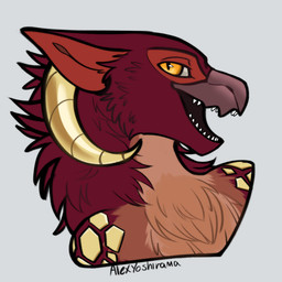 anthro beak bovid_horn caprine_horn chest_tuft fluffy fur glistening glistening_body gold_scales horn long_ears looking_at_viewer male multicolored_body neck_tuft ram_horn red_body red_fur scales sharp_teeth side_view simple_background smile solo teeth tuft two_tone_body white_background yellow_eyes yellow_horn alexyoshirama capcom monster_hunter bessa flying_wyvern nargacuga 2025 bust_portrait digital_drawing_(artwork) digital_media_(artwork) hi_res portrait signature