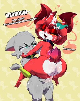 anthro balls big_butt biped breasts butt dialogue duo female female_penetrated genitals grey_body male male/female male_penetrating multicolored_body penetration penis pupils red_body sex smile speech_bubble text white_body milkshoba shoba_(milkshoba) domestic_cat felid feline felis mammal english_text hi_res
