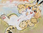 alternate_species anthro blonde_hair blood blood_from_mouth blood_in_mouth bodily_fluids breasts female fur furrification hair kemono nipples open_mouth open_smile pawpads paws smile solo tail yogurt200 kemono_friends serval-chan felid feline mammal serval hi_res