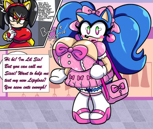 accessory after_transformation anthro belt bimbofication bimbofied black_hair blue_hair blush blush_stickers bouncing_breasts breasts cleavage clothed clothing detailed_background dialogue dress eyelashes female feminization finger_on_face floor frilly frilly_clothing gesture gloves hair hair_accessory hair_ribbon hand_gesture handwear headband long_hair motion_lines multicolored_eyes pigtails purse quills_(anatomy) ribbons tan_body text tile tile_floor yellow_body yellow_eyes gaminglover sega sonic_the_fighters sonic_the_hedgehog_(series) honey_the_cat sonic_the_hedgehog eulipotyphlan felid feline felis hedgehog mammal colored english_text hi_res