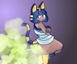 :< big_butt biped blue_eyes blue_eyeshadow blue_hair bob_cut bottomless bracelet butt clothed clothing crossed_arms dark_body dark_skin eyeshadow fart fart_cloud fart_fetish female footwear green_fart_cloud hair humanoidized jewelry kalasiris kneeling looking_back makeup markings purple_background rear_view seiza short_hair simple_background sitting solo striped_markings striped_tail stripes tail tail_markings thick_thighs topwear uraeus kirbyoblue animal_crossing nintendo ankha_(animal_crossing) animal_humanoid cat_humanoid felid felid_humanoid feline feline_humanoid humanoid mammal mammal_humanoid 2020 6:5 digital_media_(artwork) full-length_portrait hi_res portrait
