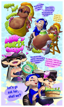 after_vore belly big_belly black_hair blonde_hair blue_hair border brown_body brown_skin cake dessert female female_pred female_prey food group hair simple_background sitting text toony vore white_border malachi21148 nintendo splatoon callie_(splatoon) frye_(splatoon) marie_(splatoon) shiver_(splatoon) aquatic cephalopod inkling mollusk 2026 detailed english_text hi_res shaded soft_shading