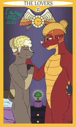anthro back_spikes bed bed_sheet bedding blonde_hair card clock duo ear_piercing ear_ring eyebrow_slit eyebrows feathered_wings feathers fingers fur furniture gap_teeth gold_scales gold_spikes hair hair_bun happy hooved_fingers hooves horn lamp major_arcana male male/male muscular nightstand nude orange_eyes piercing plant plated_scales ring_piercing scales shaved slim smile spikes spikes_(anatomy) tail tan_hair tarot tarot_card the_lovers_(tarot) touching_face tree tree_of_life wings wool_(fur) yellow_horn finnrthesheep mythology finnr_the_sheep jax_the_third bovid caprine dragon mammal mythological_creature mythological_scalie scalie sheep 3:5 hi_res