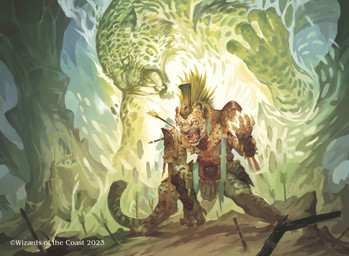anthro armor arrow_(weapon) brown_body cavern clothing crouching duo fangs headgear headwear magic male markings open_mouth pauldron ranged_weapon size_difference spots spotted_body tail teeth weapon whiskers aldo_dominguez hasbro magic:_the_gathering wizards_of_the_coast felid mammal spirit 2023 absurd_res digital_media_(artwork) hi_res official_art
