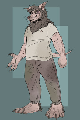anthro barefoot beard bottomwear brown_beard brown_bottomwear brown_clothing brown_facial_hair brown_hair brown_pants clothed clothing facial_hair fangs feet hair looking_at_viewer male messy_hair pants short_hair simple_background solo standing tan_body tan_skin teeth topwear unsigned white_clothing white_topwear swampjaws hugh_(imperatorcaesar) canid mammal 2:3 absurd_res full-length_portrait hi_res portrait