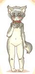 anthro biped black_eyes blush butt cheek_tuft chest_tuft collar ear_tuft eyebrows eyelashes facial_tuft feet female flat_chested fur grey_body grey_fur grey_hair hair inner_ear_fluff kemono looking_at_viewer naturally_censored navel nude short_hair simple_background solo standing tuft white_background white_body white_fur kin-shun canid canine canis domestic_dog mammal 2015