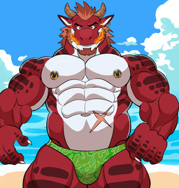 abs anthro areola beach beard biceps breath_powers brown_hair brown_horn bulge clothed clothing countershade_torso countershading deltoids ear_piercing elemental_manipulation facial_hair fire fire_breathing fire_manipulation forearm_muscles front_view goatee hair horn looking_at_viewer male muscular muscular_anthro muscular_male navel nipple_piercing nipples non-mammal_nipples obliques outside pecs piercing quads red_body red_scales scales serratus sky solo speedo stocky swimwear topless topless_anthro topless_male trapezius v-cut white_body white_countershading darknaigart mythology dragon mythological_creature mythological_scalie scalie 2025 hi_res