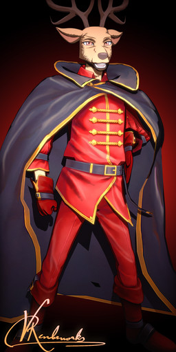 amber_eyes anthro antlers armor boots cape clothing costume fist footwear gauntlets gloves handwear horn looking_at_viewer male shoes smile smiling_at_viewer solo standing vermilionrenderworks enticia_(modeler) beastars louis_(beastars) cervine deer mammal red_deer 1:2 absurd_res hi_res signature