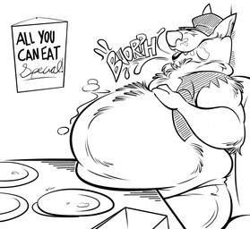 anthro belly big_belly bloated burping clothing furniture hat hat_over_eyes headgear headwear huge_belly male mature_male plate solo stuffing table text topwear vest remmyfox canid canine canis mammal wolf hi_res