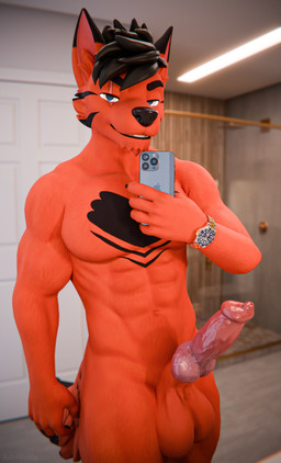 abs accessory amber_eyes animal_genitalia animal_penis anthro balls bathroom biceps big_balls big_penis black_body black_fur black_fur_markings black_nose canine_genitalia canine_penis cellphone clock countershading detailed_background detailed_fur detailed_penis dick_pic dominant dominant_anthro dominant_male electronics erection fur genitals glistening glistening_genitalia glistening_penis hair heart_symbol holding_object holding_phone huge_balls inside jewelry knot larger_male looking_at_viewer male markings mirror mirror_reflection mirror_selfie muscular muscular_anthro muscular_male nude one_eye_closed orange_body orange_fur pecs penis phone phone_camera presenting presenting_balls presenting_penis red_body red_fur reflection selfie size_difference smartphone smile smiling_at_viewer smirk smirking_at_viewer smirking_dom solo spiky_hair tail tail_markings teeth tuft vein veiny_knot veiny_penis watch wet wet_penis wink ashwolfie apple_inc. iphone rolex ashwolfe canid canine canis mammal wolf 3d_(artwork) blender_(artwork) detailed digital_media_(artwork) hi_res