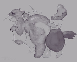 3_fingers 3_toes ambiguous_penetration anthro areola back_rolls balls balls_touching_floor belly belly_rolls bent_over bent_over_with_legs_held_straight big_areola big_balls big_belly big_breasts big_butt big_penis black_claws black_eyebrows blush blush_lines bodily_fluids bottomless bottomless_anthro bottomless_male breasts butt claws closed_smile clothed clothing duo ear_piercing empty_eyes eyebrows featureless_penis feet female female_penetrated fingers from_behind_position fur genitals glistening glistening_balls glistening_breasts glistening_butt glistening_genitalia grey_background hand_on_butt huge_balls huge_belly huge_breasts huge_butt huge_penis hyper hyper_balls hyper_butt hyper_genitalia hyper_penis male male/female male_penetrating male_penetrating_female mouth_closed nipples open_mouth overweight overweight_anthro overweight_female overweight_male paws penetration penis piercing saggy_balls sex short_tail simple_background smile spots standing standing_sex sweat sweaty_butt tail text thick_eyebrows thick_thighs toes x-ray_view tnfdarent mewgenics nintendo pokemon guillotina_(mewgenics) domestic_cat felid feline felis generation_2_pokemon mammal pokemon_(species) typhlosion 2026 artist_name digital_drawing_(artwork) digital_media_(artwork) greyscale monochrome watermark