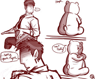 anthro butt chibi duo male plushie slightly_chubby split_color text trashtoonz danganronpa danganronpa:_trigger_happy_havoc spike_chunsoft jin_kirigiri monokuma bear human mammal english_text hi_res