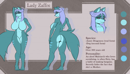 anthro aquamarine_body big_breasts breasts butt disguise featureless_breasts featureless_crotch female hair hair_bun huge_breasts long_hair mature_female nude purple_hair solo tail text instantgirl mythology lady_zaffre_(alphaleader) canid canine canis dragon mammal mythological_creature mythological_scalie scalie wolf english_text model_sheet
