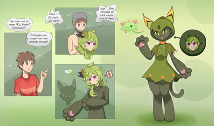 anthro blonde_hair blue_eyes brown_eyes brown_hair clothing female gender_transformation green_body green_clothing green_eyes green_shirt green_topwear hair heart_pawpads heart_symbol hoodie latex latex_clothing latex_skinsuit latex_transformation lock male male/female mtf_transformation pawpads red_clothing red_shirt red_topwear shirt skinsuit solo suit_transformation text tight_clothing topwear transformation materialcoin genshin_impact mihoyo collei_(genshin_impact) domestic_cat felid feline felis human mammal comic english_text hi_res
