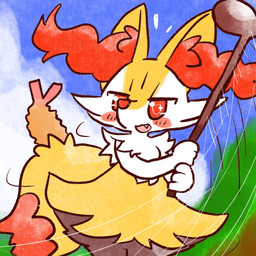 ambiguous_anthro ambiguous_gender anthro biped blush cute_fangs dipstick_tail fangs food front_view golf_club markings motion_lines object_in_tail open_:3 open_mouth open_smile outside plant shrimp_(food) sky smile snout solo standing tail tail_markings teeth tree annyui0611 nintendo pokemon braixen canid generation_6_pokemon mammal pokemon_(species) 1:1 2022 digital_drawing_(artwork) digital_media_(artwork) hi_res japanese_description portrait three-quarter_portrait translated_description