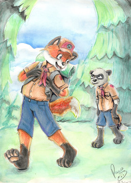 anthro black_nose blue_bottomwear blue_clothing blue_shorts blue_sky bottomwear clothed clothing day duo fur gloves_(marking) grey_body grey_fur grey_tail grumpy happy hat headgear headwear leg_markings male male_anthro markings mouth_closed narrowed_eyes open_mouth open_smile orange_body orange_clothing orange_fur orange_tail orange_topwear outside plant shorts sky smile socks_(marking) tail topwear tree white_body white_fur white_tail young young_anthro young_male pandapaco art_(pandapaco) biro_(pandapaco) canid canine fox mammal procyonid raccoon hi_res