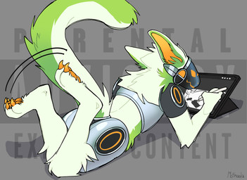 ambiguous_gender butt censor_bar drawing_(action) long_tail lying machine on_front simple_background simple_coloring solo swinging_legs tail visor white_body mothaala 3ds_(mothaala) protogen hi_res