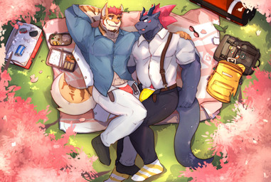 anthro anthro_on_anthro backpack beard belt bottomwear bulge clothed clothing collared_shirt cuddling dress_shirt duo eye_contact eyebrows facial_hair food hair hand_on_shoulder horn leaf looking_at_another lying male male/male on_back outside pants picnic pubes romantic romantic_couple shirt smile suspenders tail topwear underwear unzipped zipper makowolf1 mythology dragon felid mammal mythological_creature mythological_scalie pantherine scalie tiger 2021 hi_res
