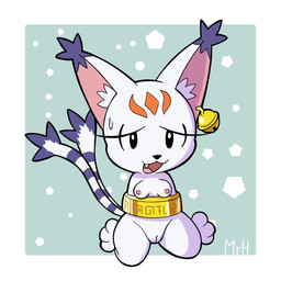 2_tails accessory bell bodily_fluids ear_piercing eyelashes female fur jewelry markings multi_tail nervous nervous_smile nervous_sweat open_mouth piercing ring smile solo stuck sweat tail white_body white_fur mr_harinezumi bandai_namco digimon digimon_(species) felid gatomon_x mammal x-digimon 1:1 hi_res