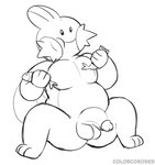 anthro anthrofied belly colorcoroded eating generation_3_pokemon genitals hi_res humanoid_genitalia humanoid_penis male monochrome mudkip nintendo overweight overweight_anthro overweight_male penis pokemon pokemon_(species) pokemorph slightly_chubby slightly_chubby_male solo