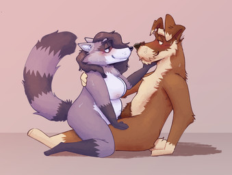 anthro arm_tuft breasts brown_body brown_fur duo el_otis elbow_tuft female fluffy fluffy_ears fluffy_tail fur gar_cptn hair hair_over_eye interspecies male male/female neck_tuft on_lap pubes purple_body purple_fur sitting_on_lap slightly_chubby straddling tail tuft muskysnauz canid canine canis domestic_dog mammal procyonid raccoon schnauzer