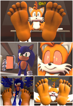 5_toes anthro barefoot dialogue duo feet foot_fetish foot_focus foot_play humanoid_feet hypnosis male male/male male_anthro mind_control plantigrade smile soles spiral spiral_eyes text toes sonicfanlolop sega sonic_the_hedgehog_(series) miles_prower sonic_the_hedgehog canid canine eulipotyphlan fox hedgehog mammal 3d_(artwork) absurd_res comic digital_media_(artwork) english_text hi_res