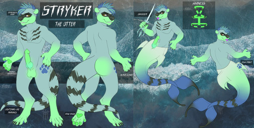 anthro balls dagger genitals male melee_weapon nude penis sea solo split_form text water weapon thehuntingwolf stryker_(motomo21) aquatic fish mammal merfolk mustelid otter absurd_res digital_media_(artwork) english_text full-length_portrait hi_res model_sheet portrait