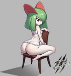 big_butt biped bra breasts butt chair clothed clothing eyelashes female furniture looking_at_viewer looking_back panties pupils solo thick_thighs thong underwear young young_female thyhsilverfeet nintendo pokemon generation_3_pokemon humanoid kirlia pokemon_(species) absurd_res hi_res