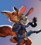 anthro anthro_on_anthro balls big_dom_small_sub bodily_fluids bottomless bottomless_anthro bottomless_male bottomwear bulletproof_vest clothed clothed_sex clothing countershading cum cum_inside dipstick_ears dominant duo ear_markings erection female female_penetrated footwear from_behind_position fur genital_fluids genitals gradient_background grey_body grey_fur hand_on_hip handwear holding_partner humanoid_genitalia humanoid_penis interspecies male male/female male_penetrating male_penetrating_female multicolored_ears necktie open_mouth pants penetration penis police police_badge police_uniform predator/prey purple_eyes sex shirt simple_background size_difference smile spread_legs spreading standing teeth tongue topwear torn_bottomwear torn_clothing torn_pants uniform unprofessional_behavior vaginal vaginal_penetration vulva eri disney zootopia judy_hopps nick_wilde canid canine canis fox lagomorph leporid mammal rabbit red_fox true_fox digital_media_(artwork)