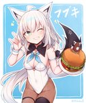 5_fingers ahoge blue_background blush border braided_hair breasts bunny_costume burger cheese cleavage clothed clothing collarbone costume dairy_products devil_horns_(gesture) eyebrow_through_hair eyebrows eyelashes female fingers food fruit fur gesture green_eyes grey_body grey_fur grey_hair hair hand_gesture holding_plate inner_ear_fluff legwear leotard lettuce long_hair medium_breasts one_eye_closed pantyhose plant plate shirt_collar shirt_cuffs simple_background smile solo teeth tomato translucent translucent_hair tuft vegetable white_border mou_tama_maru fall_guys hololive vtuber shirakami_fubuki animal_humanoid canid canid_humanoid canine canine_humanoid fall_guy fox_humanoid humanoid mammal mammal_humanoid hi_res portrait three-quarter_portrait