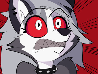 anthro collar ear_piercing ear_ring female fur grey_body grey_fur grey_hair hair piercing red_sclera ring_piercing shocked solo spiked_collar spikes teeth white_body white_eyes white_fur doylecoati hellaverse helluva_boss mythology loona_(helluva_boss) canid canid_demon canine demon hellhound mammal mythological_canine mythological_creature 2020 4:3 digital_media_(artwork) headshot_portrait portrait