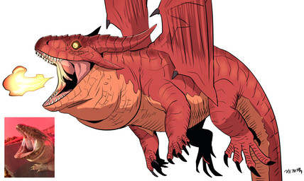 ambiguous_gender creature_and_personification fire horn photo_reference red_body red_scales reference_inset scales simple_background tail teeth white_background wings yellow_eyes gegegekman mythology dragon lizard mythological_creature mythological_scalie reptile scalie 2024 absurd_res hi_res reference_image
