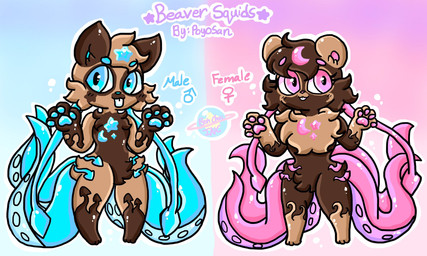 4_fingers anthro blue_eyes brown_body brown_fur duo female fingers fur male moon paws pink_eyes star tentacles text lewdchuu aquatic beaver cephalopod coleoid decapodiform hybrid mammal mollusk rodent squid english_text hi_res