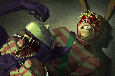 anthro blood bodily_fluids claws duo female male mask open_mouth sharp_teeth strangling teeth samus_sunset popee_the_performer kedamono_(popee_the_performer) popee_(popee_the_performer) canid canine human mammal 3:2 hi_res