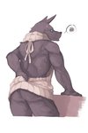 anthro blush bodily_fluids bottomless butt clothed clothing clothing_lift crossdressing embarrassed empty_eyes femboy fur grey_body grey_fur looking_back male rear_view shirt shirt_lift simple_background solo speech_bubble sweat sweatdrop sweater topwear virgin_killer_sweater white_background lowerkuo league_of_legends meme_clothing riot_games tencent nasus_(lol) anubian_jackal canid canine canis jackal mammal 2:3 meme