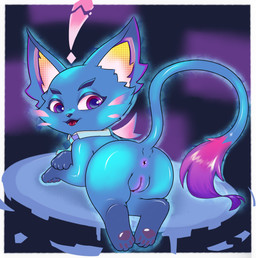 4_fingers 4_toes anus big_ears blue_body blue_eyebrows blue_fur blue_necktie blue_nose blue_tail border butt cheek_tuft clothed clothed_female clothed_feral clothing eyebrows facial_tuft feet female female_feral feral fingers fur genitals glistening glistening_eyes gloves_(marking) glowing glowing_body leg_markings looking_at_viewer looking_back looking_back_at_viewer markings multicolored_ears multicolored_eyes necktie open_mouth pawpads paws purple_eyes purple_pawpads purple_tail_tuft raised_tail rear_view red_eyes shirt_collar socks_(marking) solo tail tail_tuft teeth toes tongue tongue_showing tuft two_tone_eyes vulva whiskers white_border fieryfur league_of_legends riot_games tencent cyber_cat_yuumi yuumi_(lol) domestic_cat felid feline felis mammal 2025 absurd_res digital_media_(artwork) hi_res