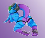 anthro anus blue_body butt claws clothing collar feet fur gradient_background green_hair hair hindpaw horn jockstrap looking_at_viewer looking_back male markings multicolored_body multicolored_fur paws presenting presenting_hindquarters purple_eyes purple_markings rear_view simple_background toe_claws two_tone_body two_tone_fur underwear wellek koizumi_kobold kobold scalie hi_res