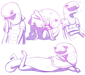 3_toes 5_fingers ambiguous_gender anthro arms_bent bent_legs biped blush cape cape_only clothing contiguous_snout crossed_arms earless embarrassed eyelashes eyes_closed fangs feet fingers hand_on_chest hand_on_chin hands_on_knees hands_on_legs happy knees_up laugh leaning leaning_forward legs_up long_neck looking_aside looking_at_viewer lying mostly_nude multiple_poses nude on_front open_mouth plantigrade pose purple_line_art scales semi-anthro sharp_teeth short_legs side_view simple_background sitting smile snout solo tail tapering_tail teeth thick_tail toes ventral_scales white_background bearyboo elden_ring fromsoftware zorayas legged_snake manserpent reptile scalie snake 2022 absurd_res cel_shading colored_line_art digital_drawing_(artwork) digital_media_(artwork) full-length_portrait half-length_portrait hi_res monochrome portrait shaded sketch sketch_page female_(lore)