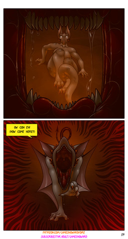 anthro bodily_fluids dialogue duo first_person_view gynomorph gynomorph/male imminent_vore intersex intersex/male male open_mouth saliva saliva_string unhinged_jaw james_howard patreon subscribestar aamon_2_(james_howard) tina_(james_howard) bat demon mammal comic hi_res