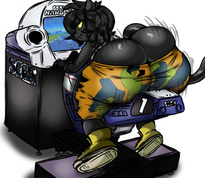 anthro arcade_machine big_butt bottom_heavy bracelet butt butt_cleavage butt_jiggle clothing femboy huge_butt jewelry jiggling male motion_lines motorcycle shirt solo tank_top thick_thighs topwear vehicle ultimateshadow sega super_hang-on domestic_cat felid feline felis mammal colored hi_res