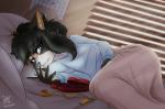 anthro bed bedding black_hair blanket blue_eyes bodily_fluids candy chocolate clothing crying curtains depression dessert detailed_background electronics female food fur furniture hair holidays light lonely multicolored_body multicolored_fur phone sad shirt solo sunlight tears topwear vlc525 valentine's_day sally_(fumingstone) canid canine canis domestic_dog mammal 2019